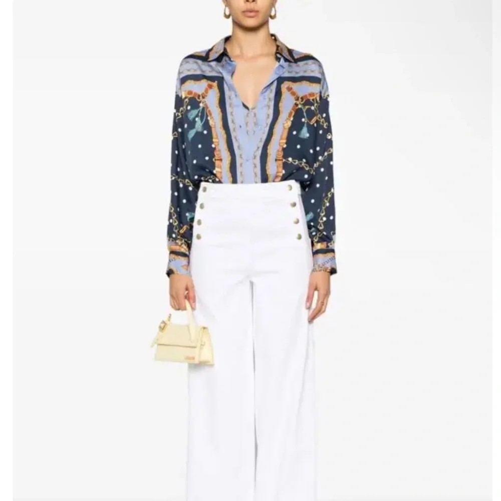 Maje Cechaine Satin Effect Button Up Blue Rope Chain Printed Blouse NEW US 6 - Picture 3 of 11